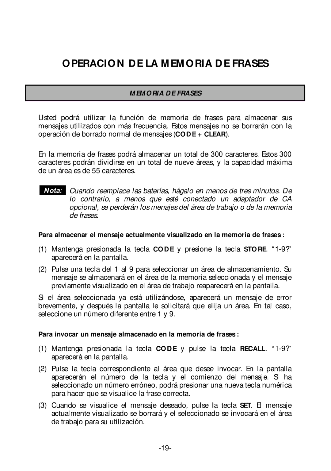 Brother PT-1700 manual Operacion DE LA Memoria DE Frases, Para invocar un mensaje almacenado en la memoria de frases 