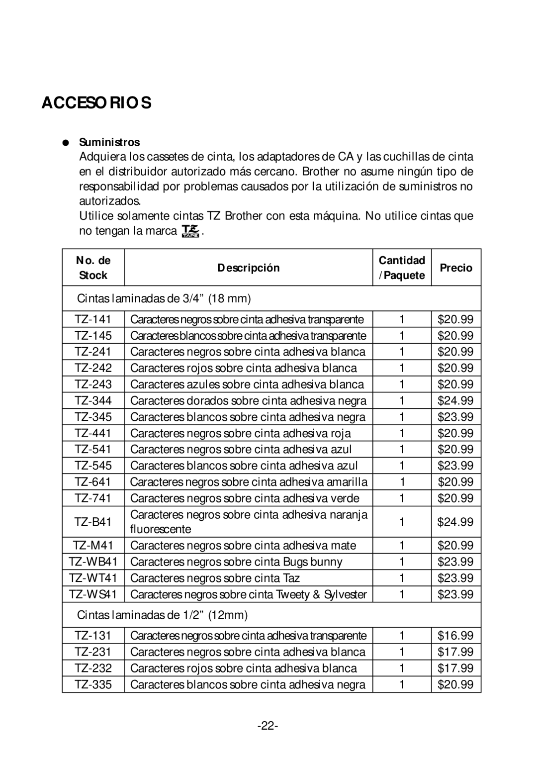 Brother PT-1700 manual Accesorios, Suministros, No. de Descripción, Precio 