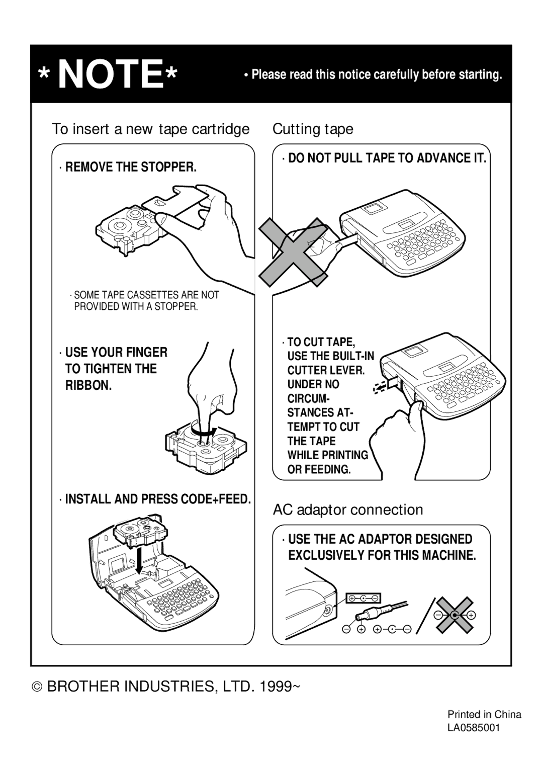 Brother PT-1700 manual To insert a new tape cartridge Cutting tape 