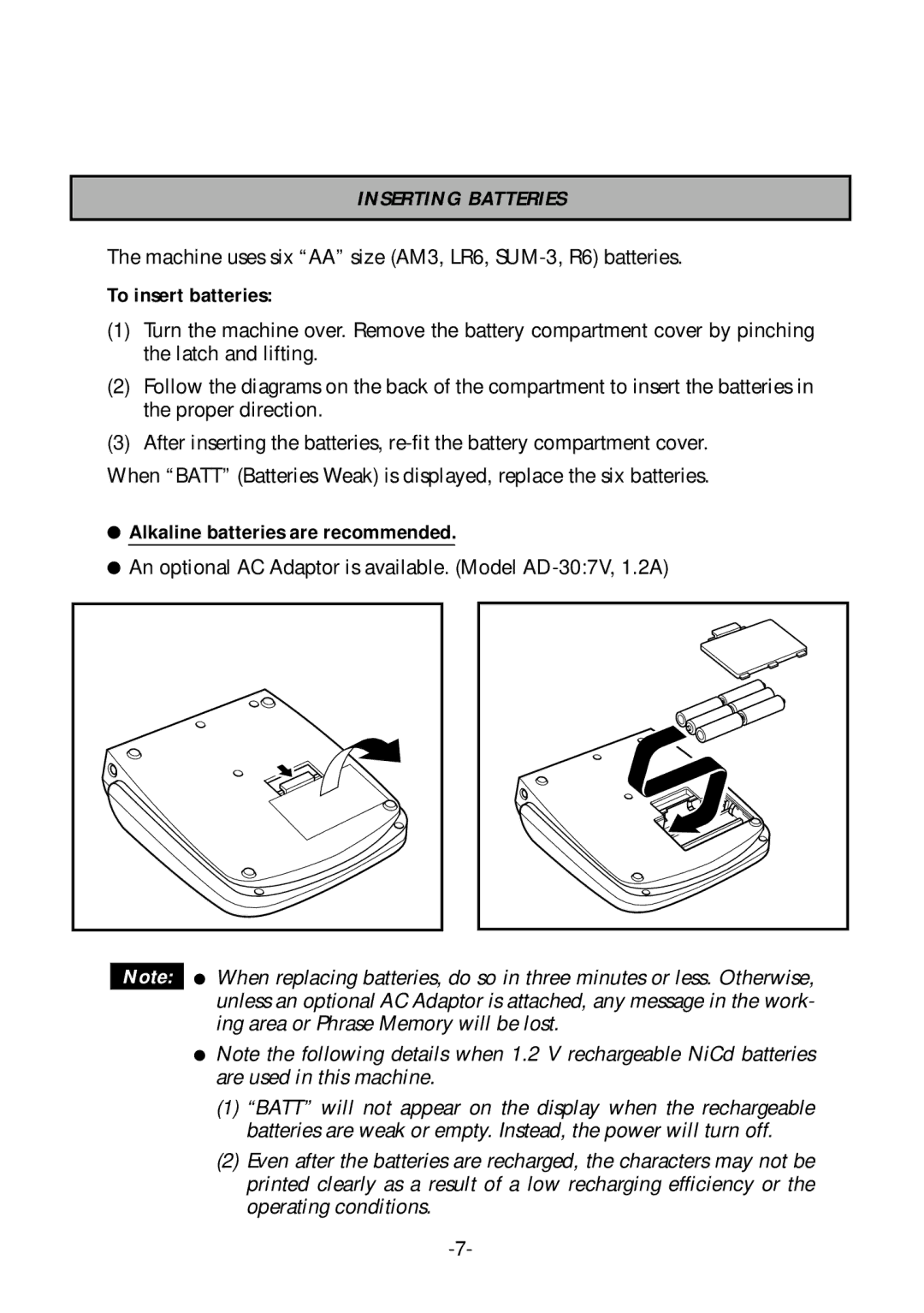 Brother PT-1700 manual Inserting Batteries, To insert batteries, Alkaline batteries are recommended 