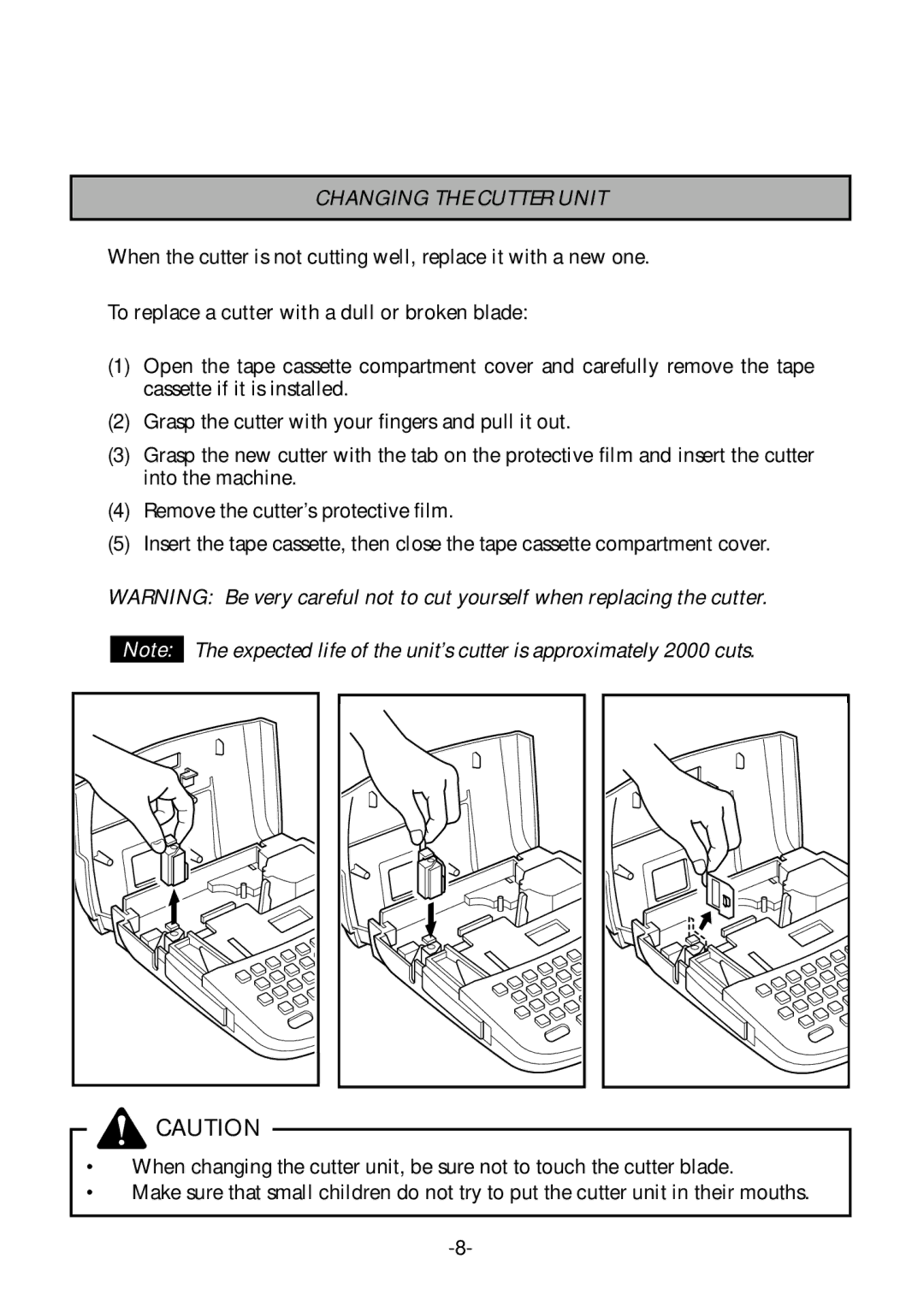 Brother PT-1700 manual Changing the Cutter Unit, To replace a cutter with a dull or broken blade 