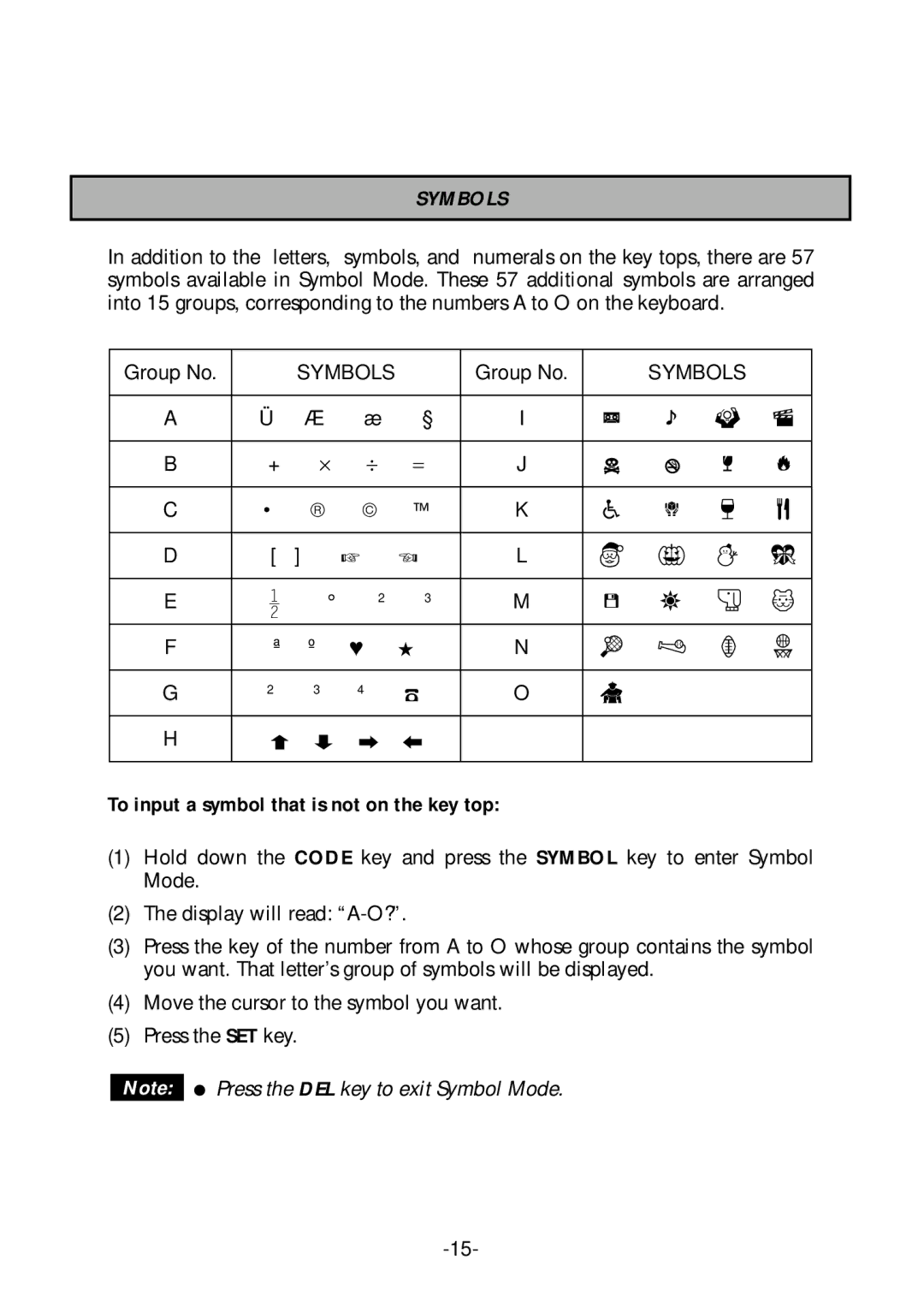 Brother PT-1700 manual Symbols, To input a symbol that is not on the key top 