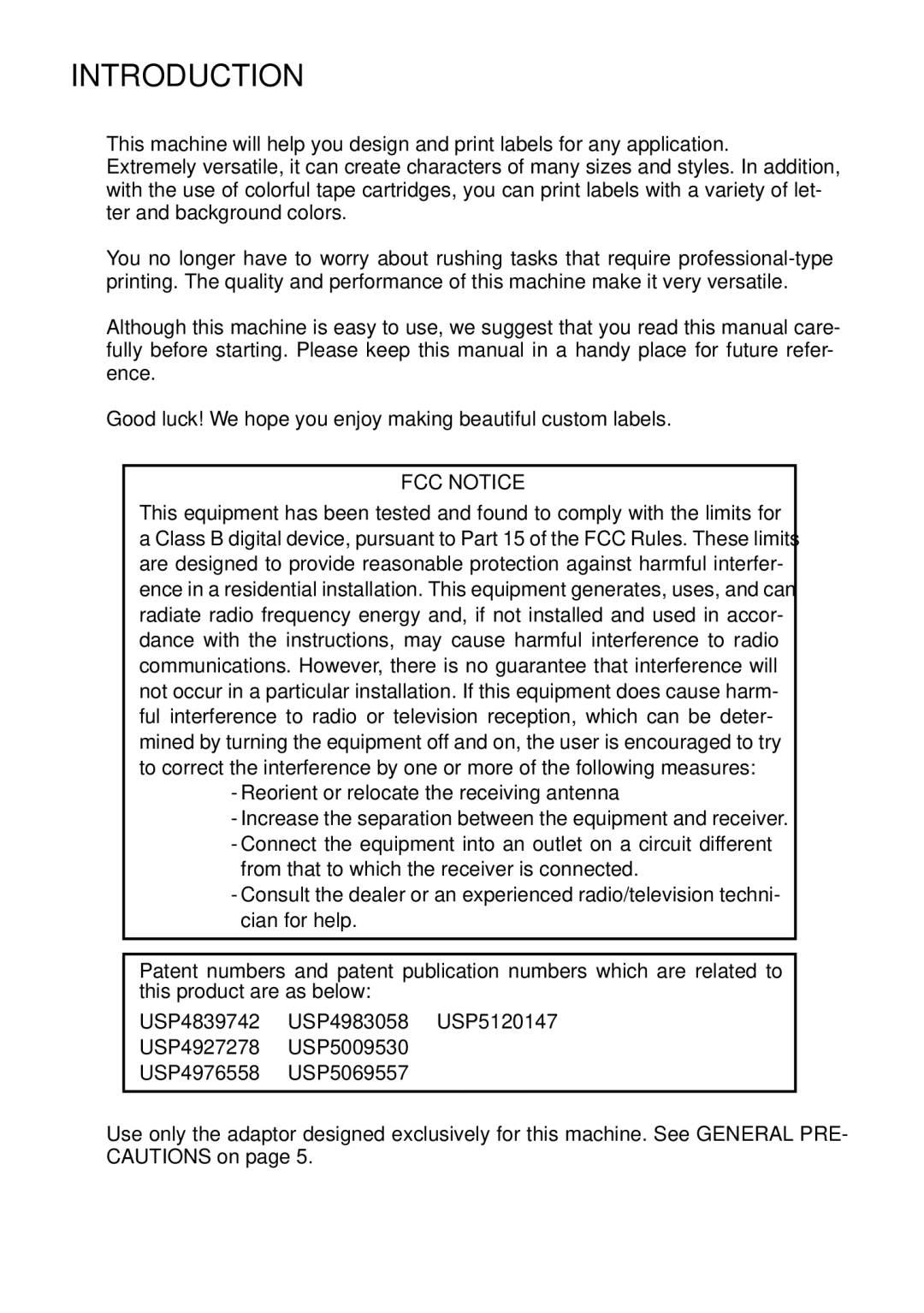 Brother PT-1700 manual Introduction, FCC Notice 