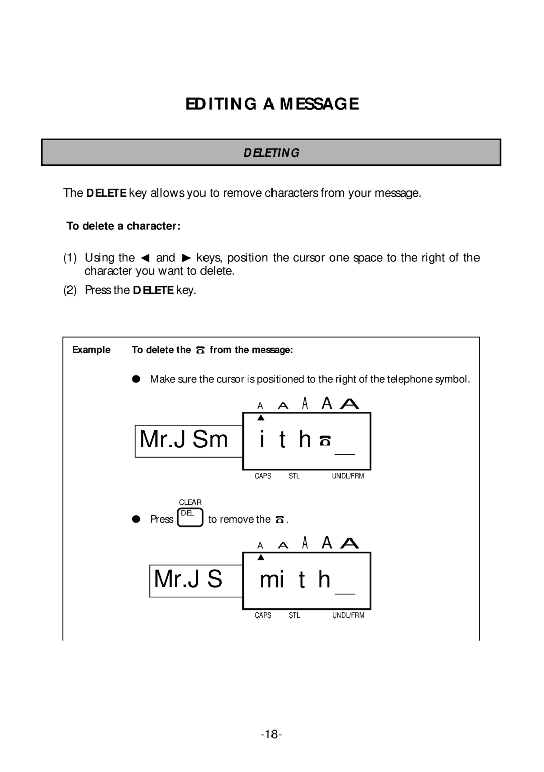 Brother PT-1700 manual Editing a Message, Deleting, To delete a character 