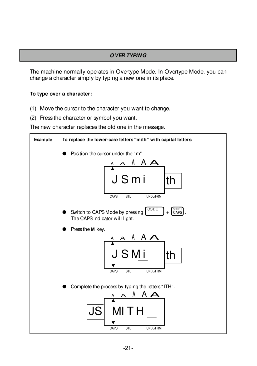 Brother PT-1700 manual Over Typing, To type over a character 