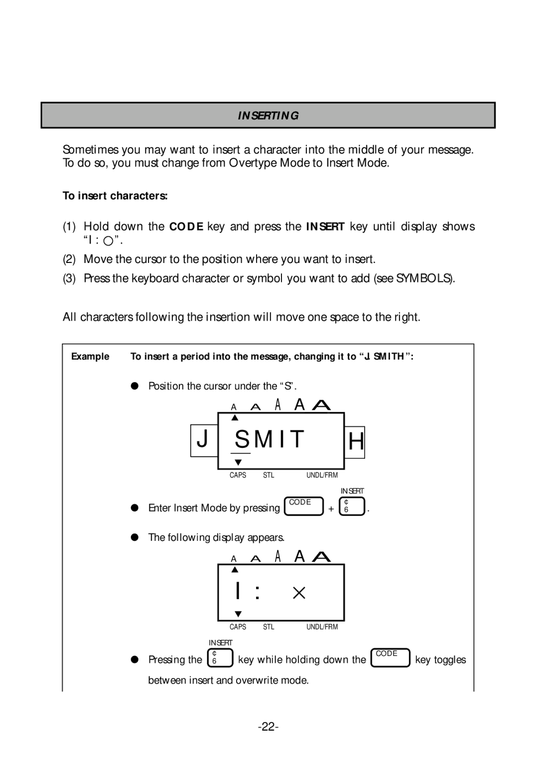 Brother PT-1700 manual Inserting, To insert characters 