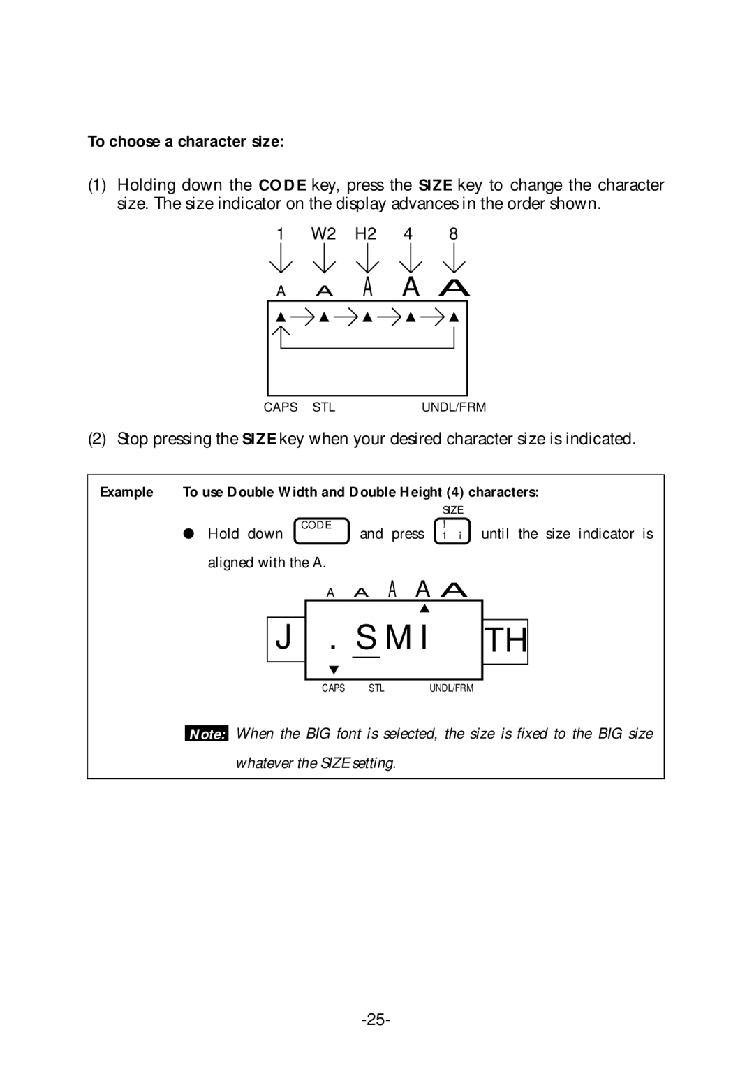 Brother PT-1700 manual To choose a character size, W2 H2 4 