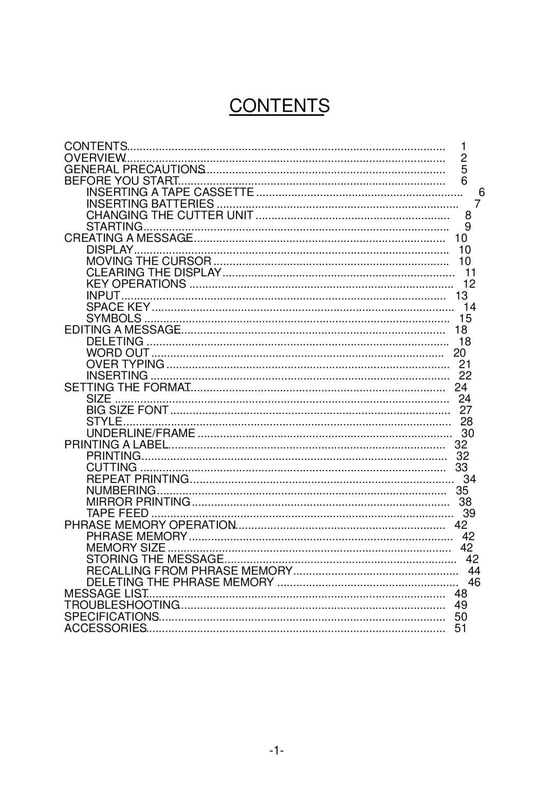 Brother PT-1700 manual Contents 