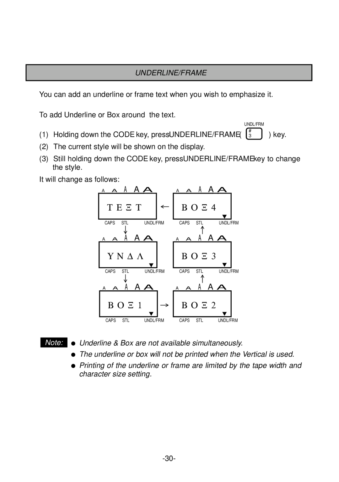 Brother PT-1700 manual Underline/Frame, To add Underline or Box around the text 