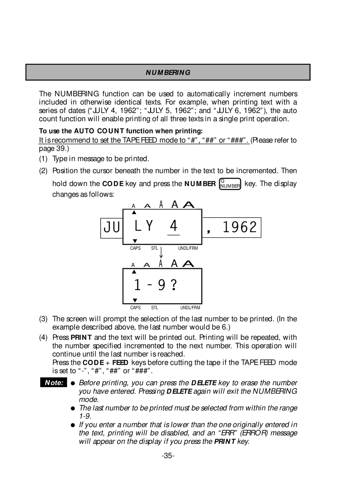 Brother PT-1700 manual Numbering, To use the Auto Count function when printing 