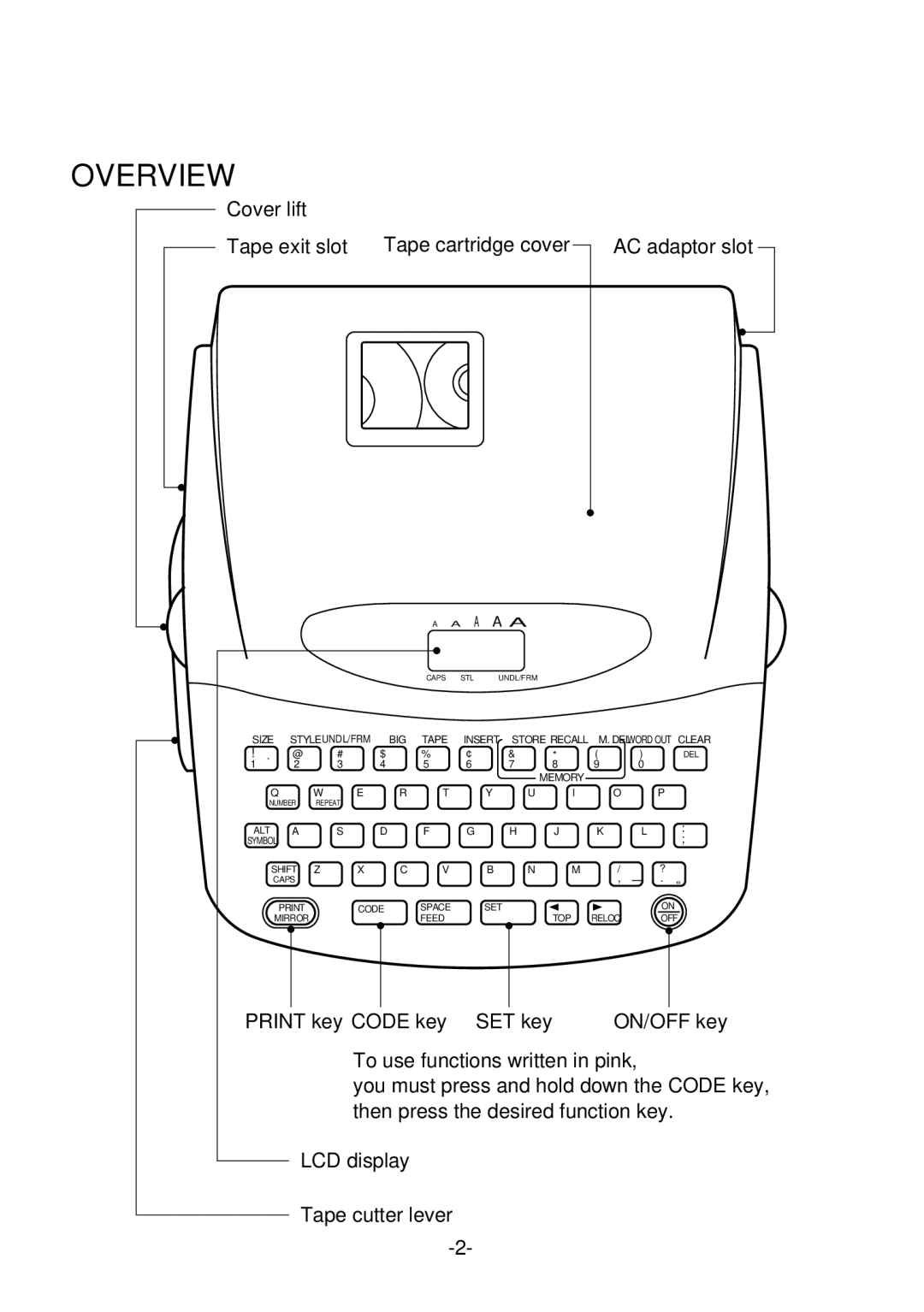 Brother PT-1700 manual Overview, AC adaptor slot 