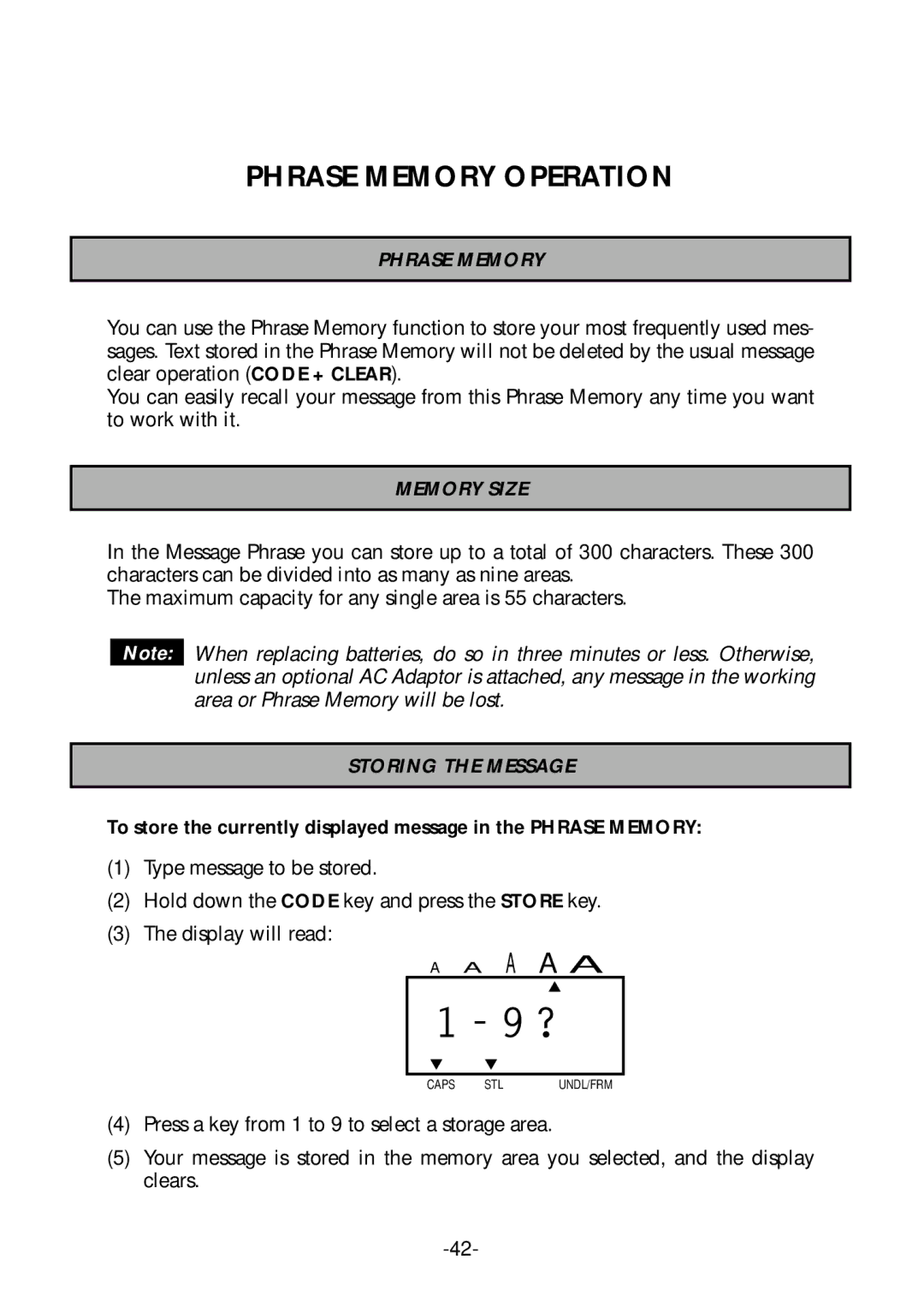 Brother PT-1700 manual Phrase Memory Operation, Memory Size, Storing the Message 