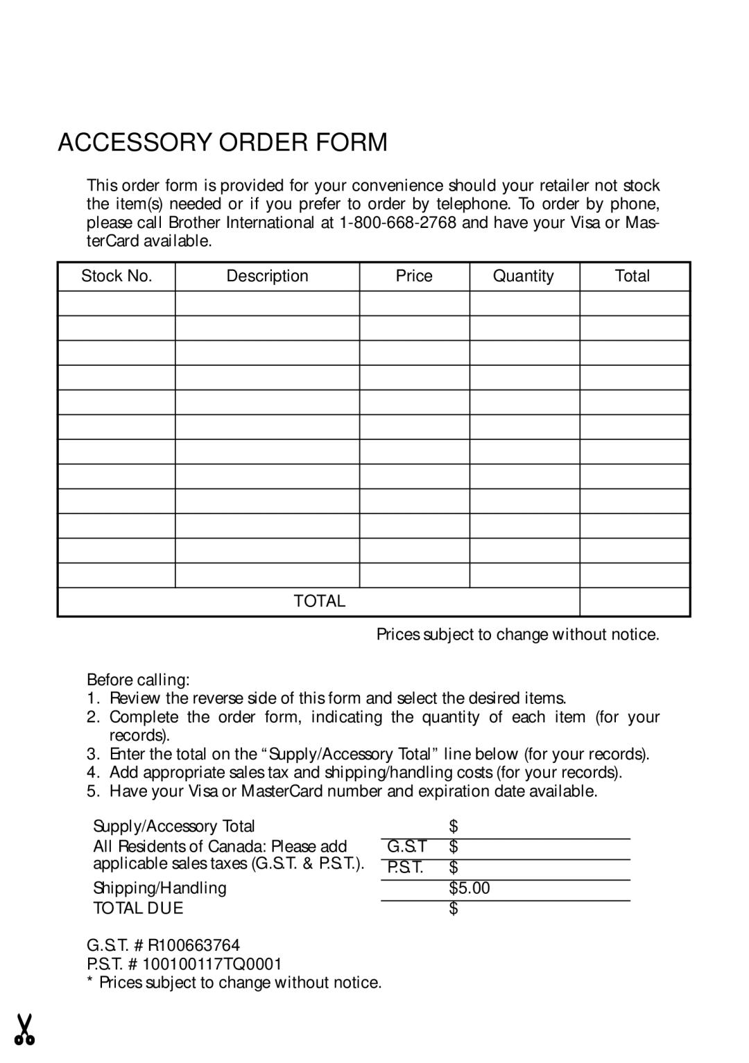 Brother PT-1700 manual Accessory Order Form, Stock No Description Price Quantity Total 