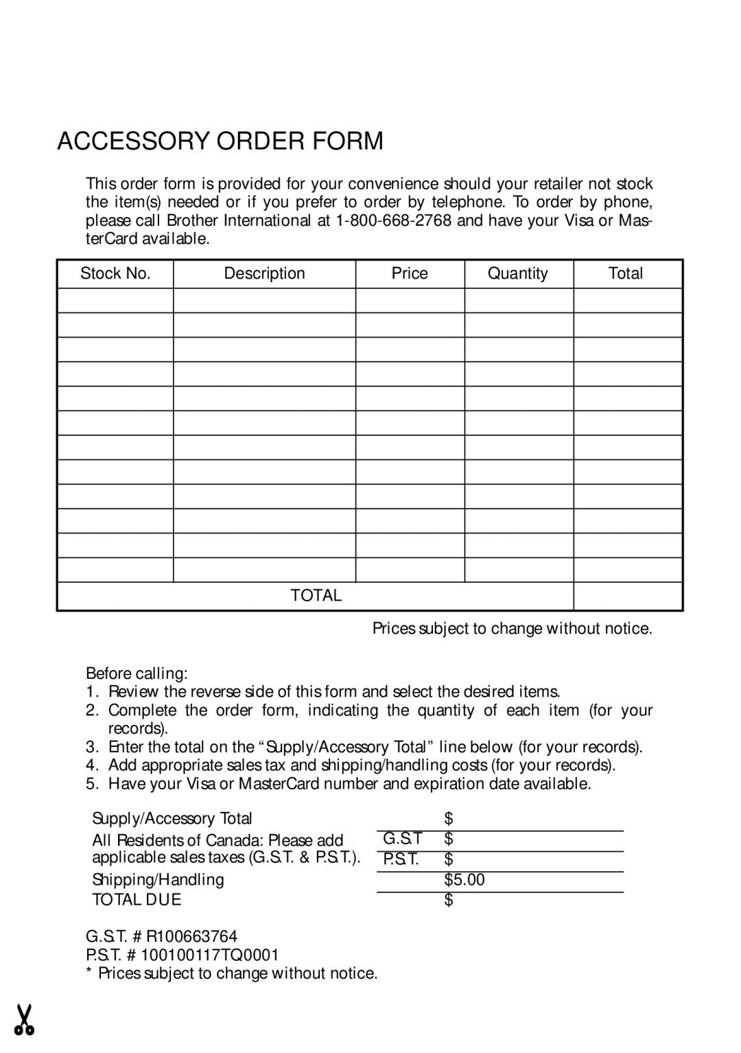 Brother PT-1700 manual Accessory Order Form 