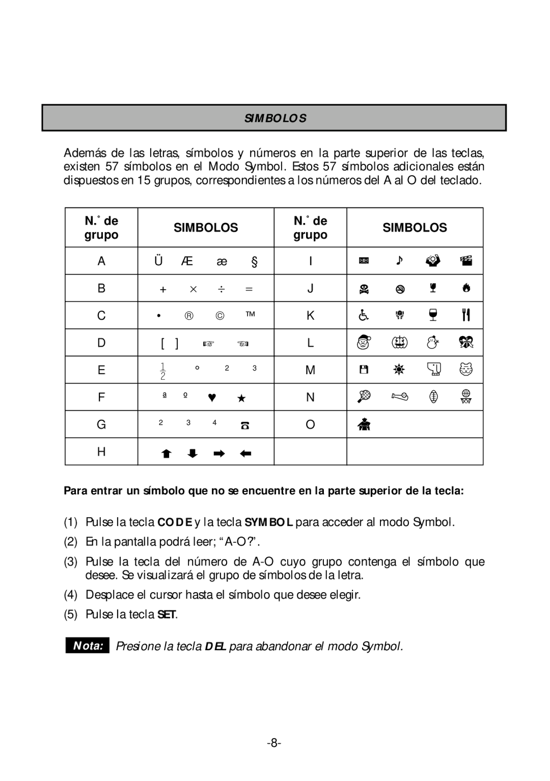 Brother PT-1700 manual Simbolos 