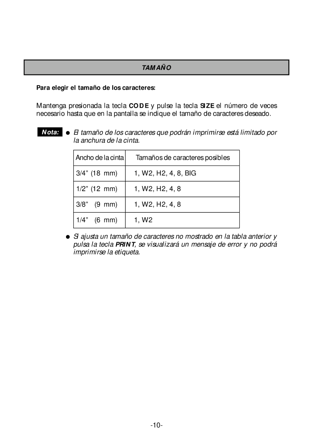 Brother PT-1700 manual Tamaño, Para elegir el tamaño de los caracteres 