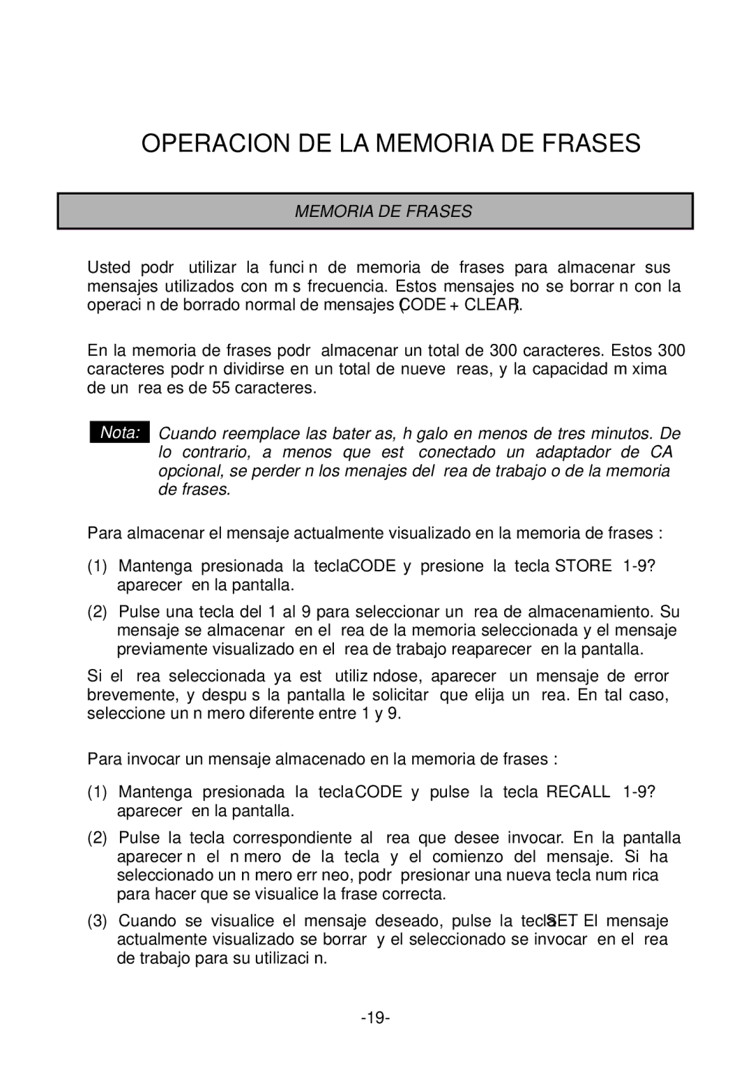 Brother PT-1700 manual Operacion DE LA Memoria DE Frases, Para invocar un mensaje almacenado en la memoria de frases 