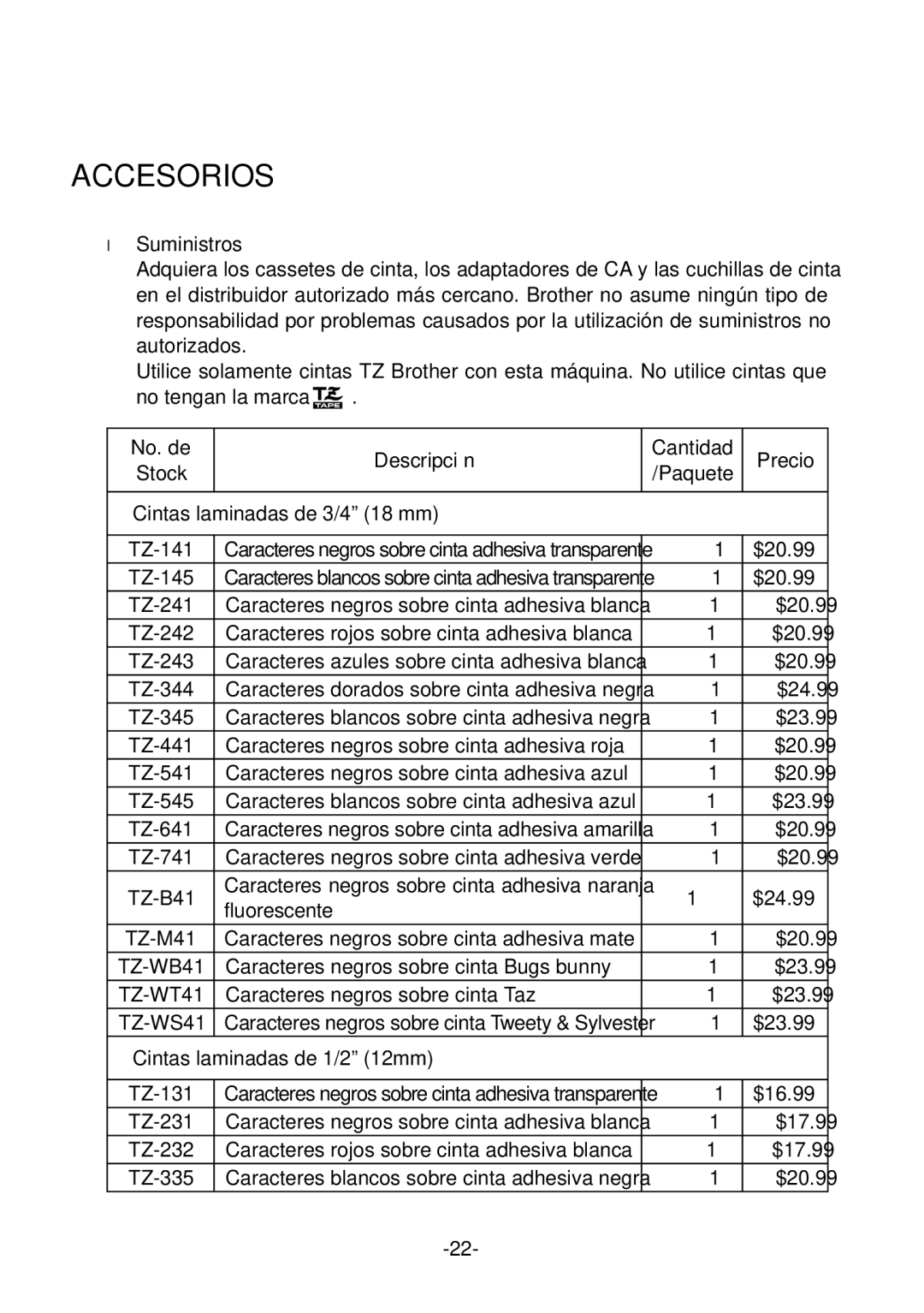 Brother PT-1700 manual Accesorios, Suministros, No. de Descripción, Precio 