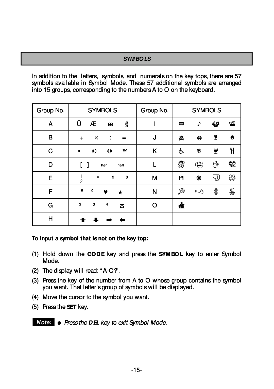 Brother PT-1700 manual Symbols, To input a symbol that is not on the key top 