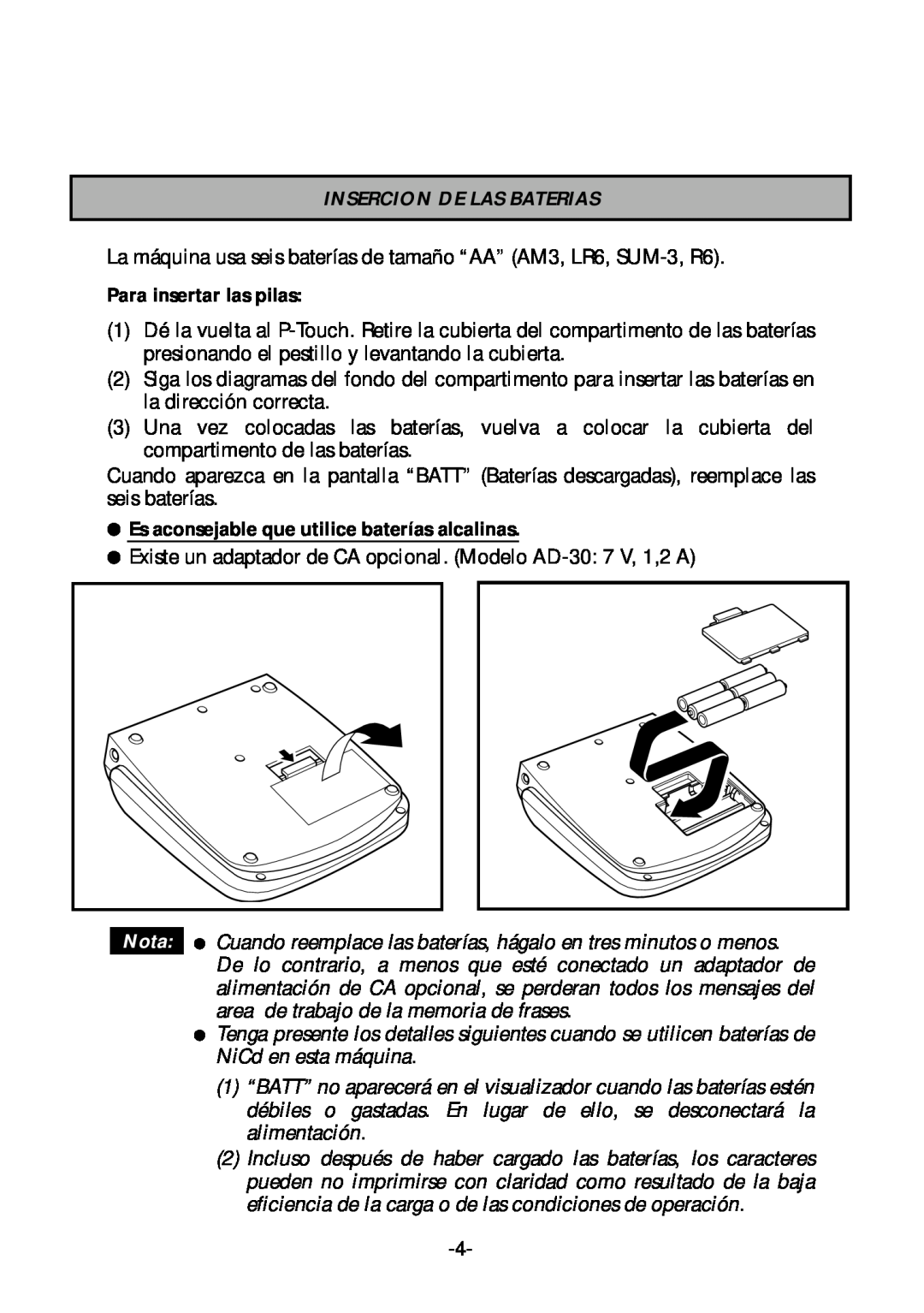 Brother PT-1700 Insercion De Las Baterias, Para insertar las pilas, Es aconsejable que utilice baterías alcalinas, Nota 