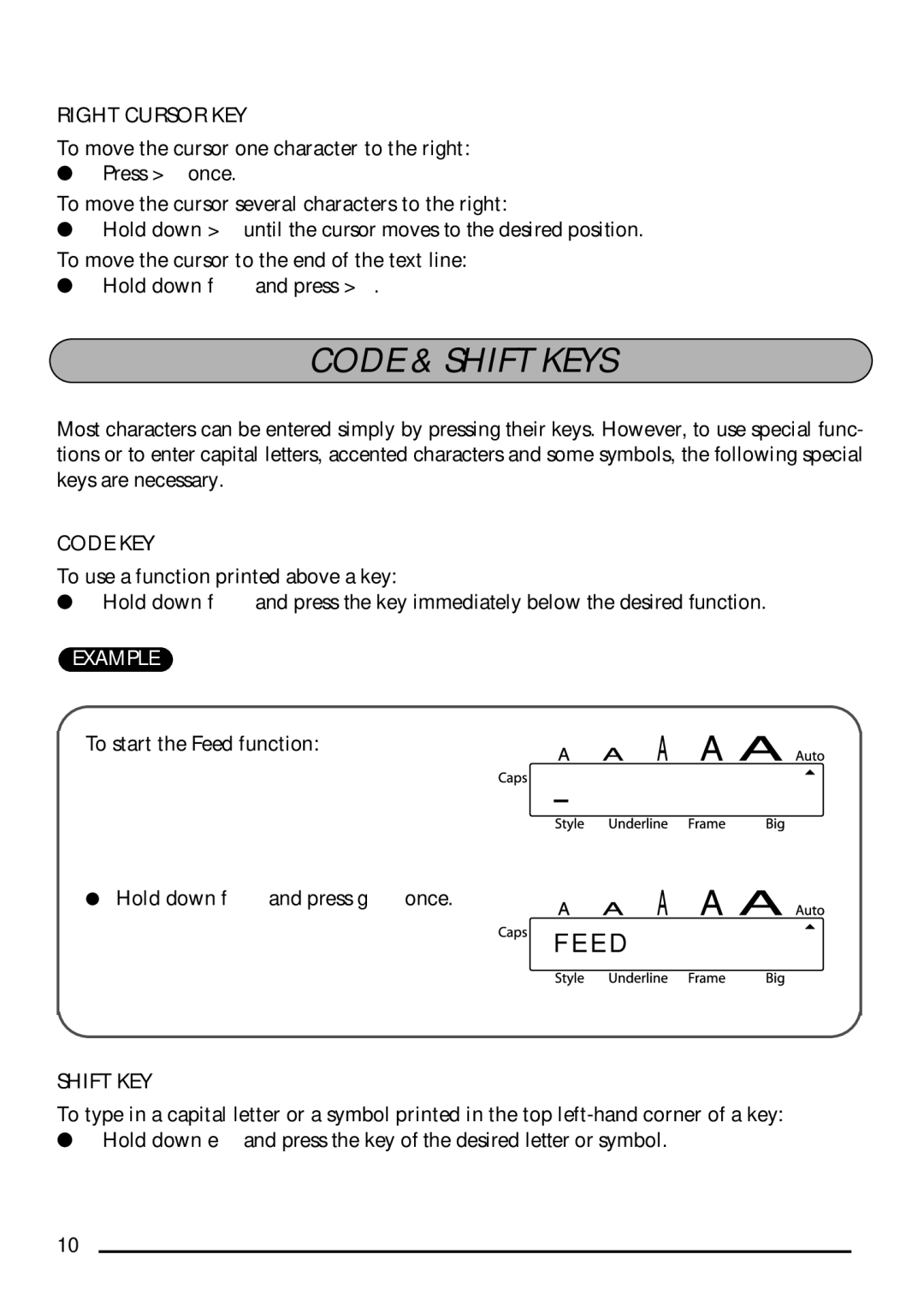 Brother PT-1750 manual Code & Shift Keys, Right Cursor KEY, Code KEY, Shift KEY 