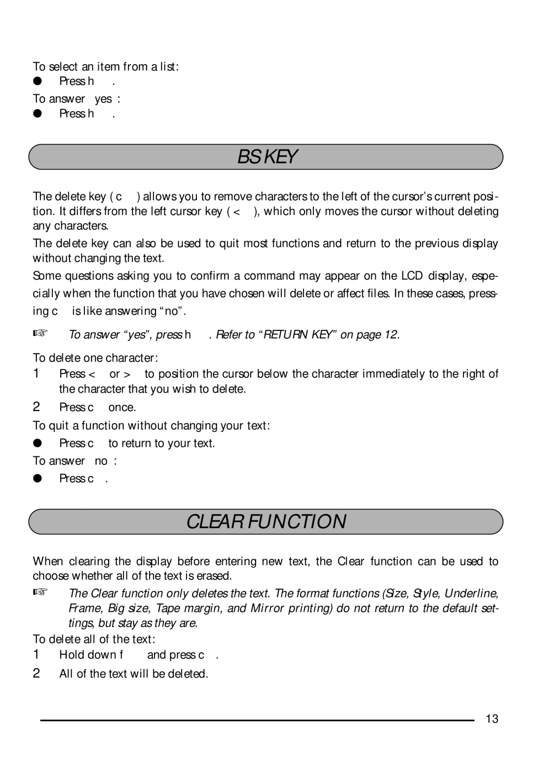 Brother PT-1750 manual Bs Key, Clear Function 