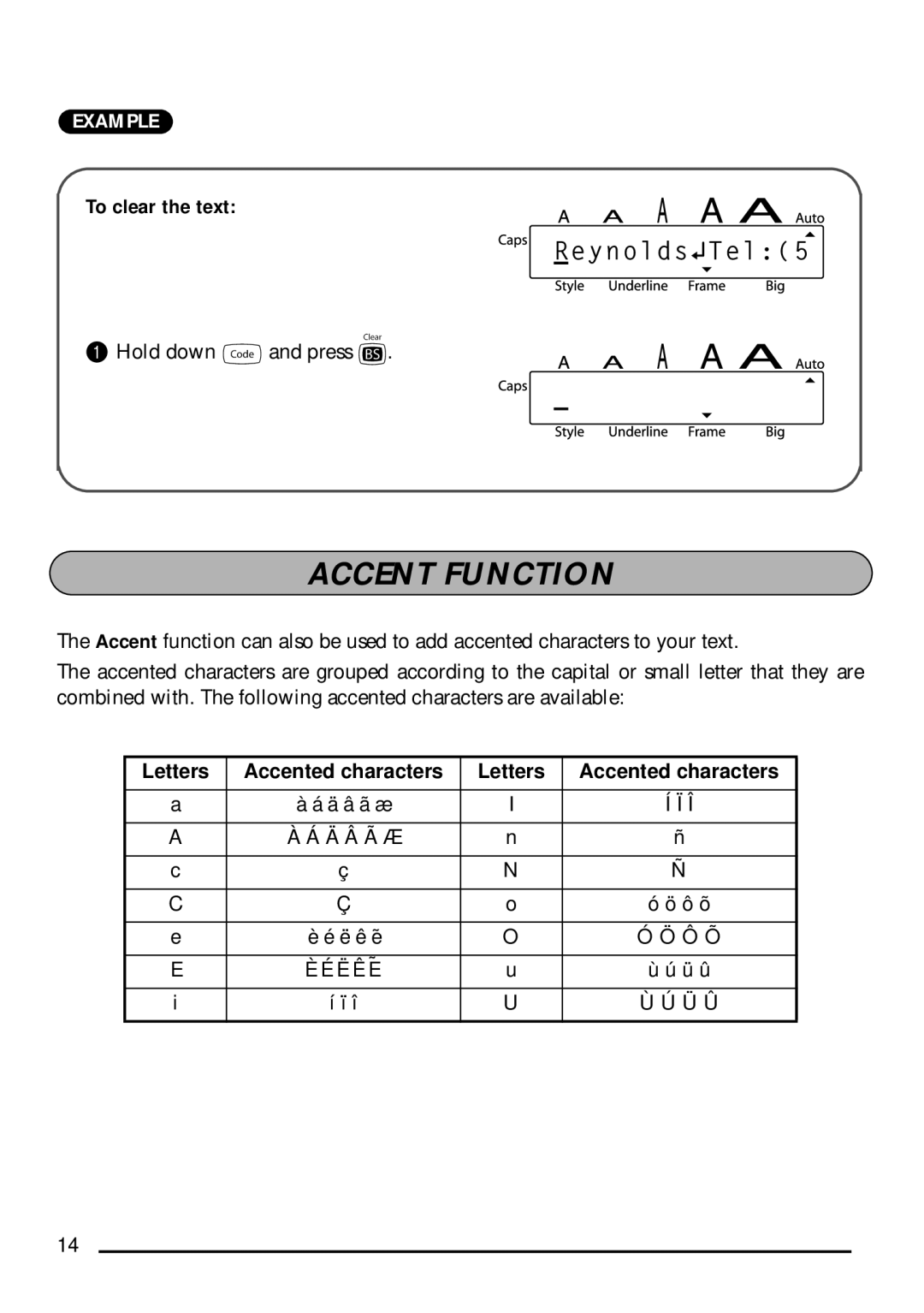 Brother PT-1750 manual Accent Function, To clear the text 