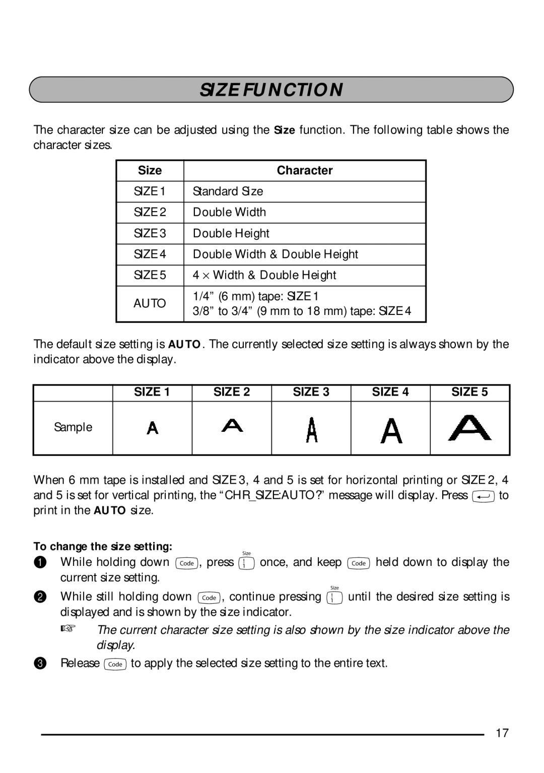 Brother PT-1750 manual Size Function, To change the size setting 