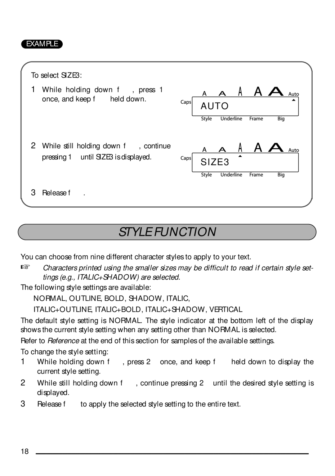 Brother PT-1750 manual Style Function, To select SIZE3, To change the style setting 