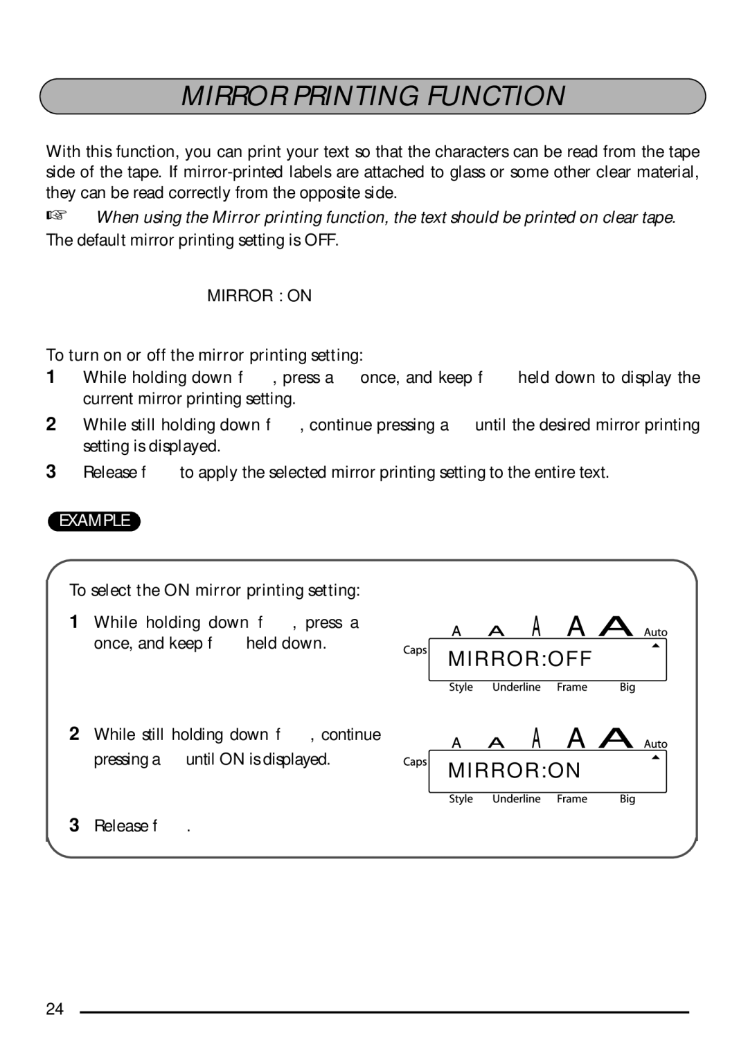 Brother PT-1750 manual Mirror Printing Function, To turn on or off the mirror printing setting 