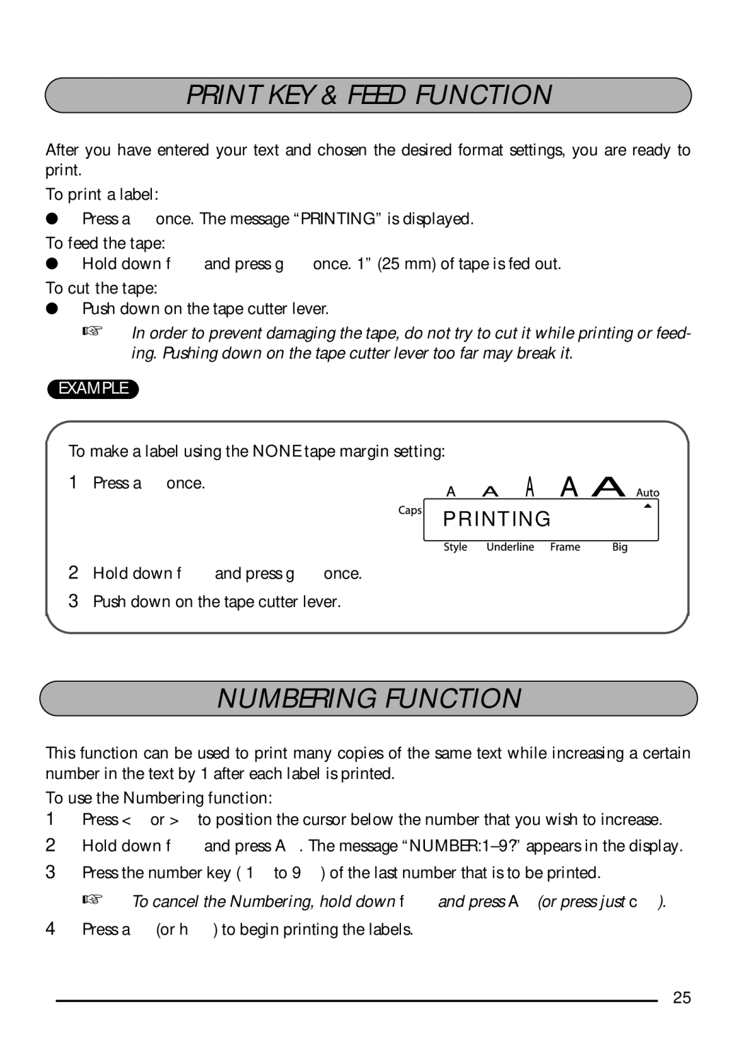 Brother PT-1750 manual Print KEY & Feed Function, Numbering Function 