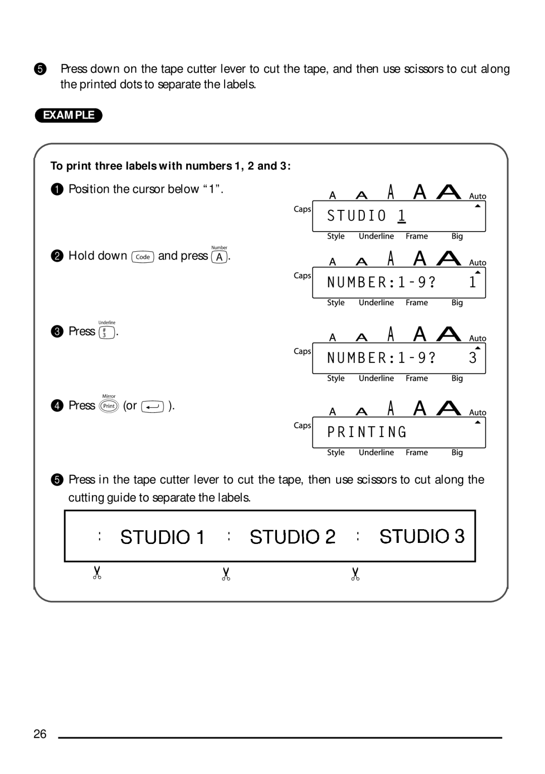 Brother PT-1750 manual To print three labels with numbers 1, 2 