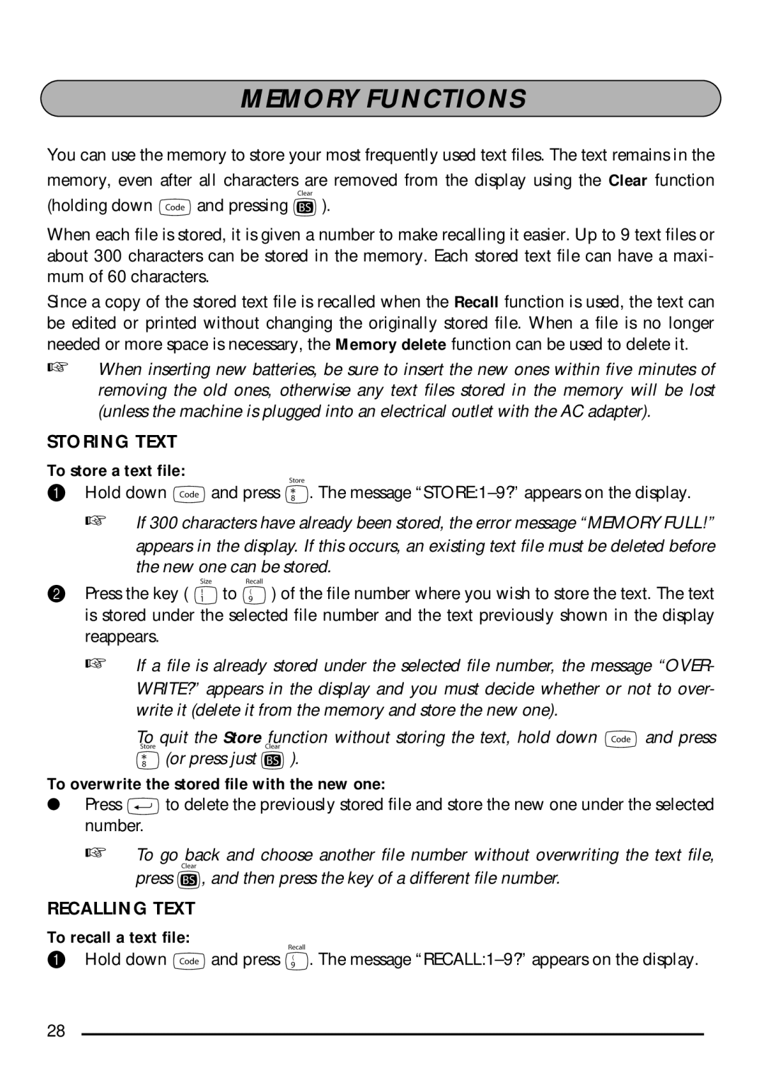 Brother PT-1750 manual Memory Functions, Storing Text, Recalling Text 