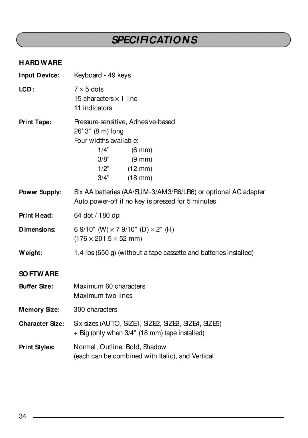 Brother PT-1750 manual Specifications, Hardware, Software, Lcd 