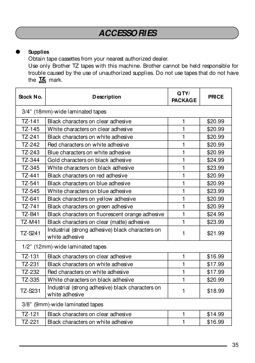 Brother PT-1750 manual Accessories, Supplies, Description, QTY Price 