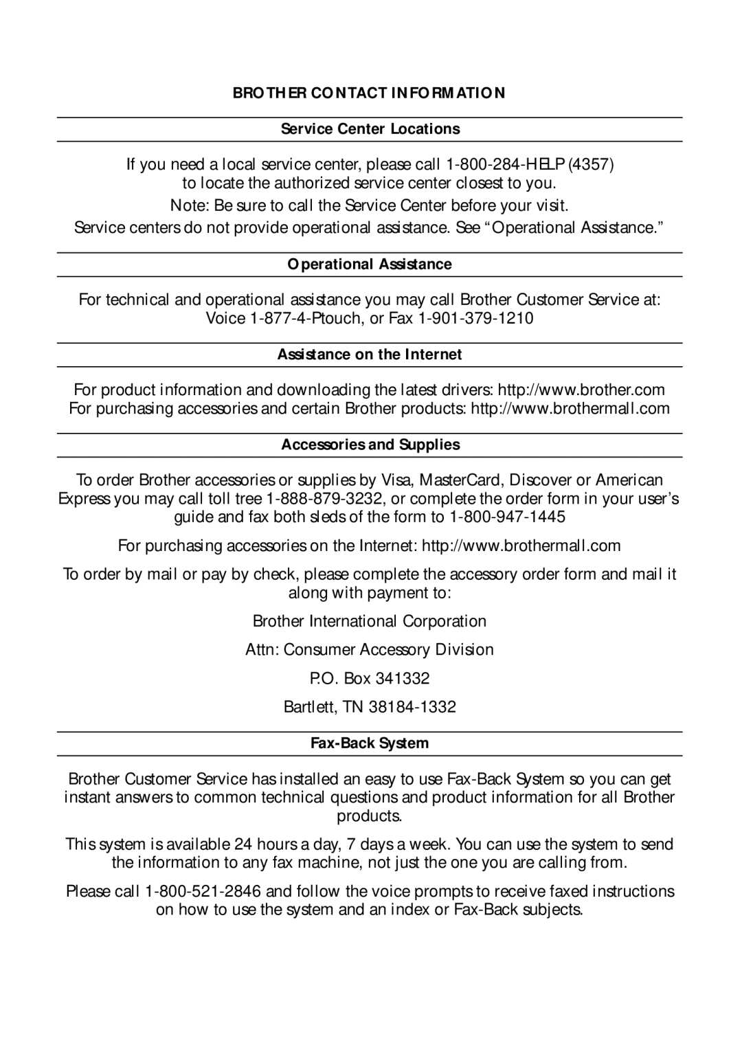 Brother PT-1750 manual Brother Contact Information, Service Center Locations, Operational Assistance, Fax-Back System 