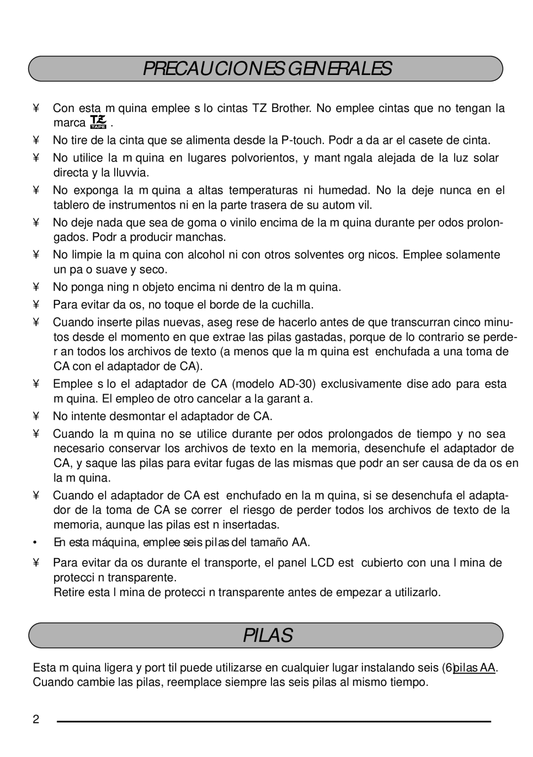 Brother PT-1750 manual Precauciones Generales, Pilas, En esta máquina, emplee seis pilas del tamaño AA 