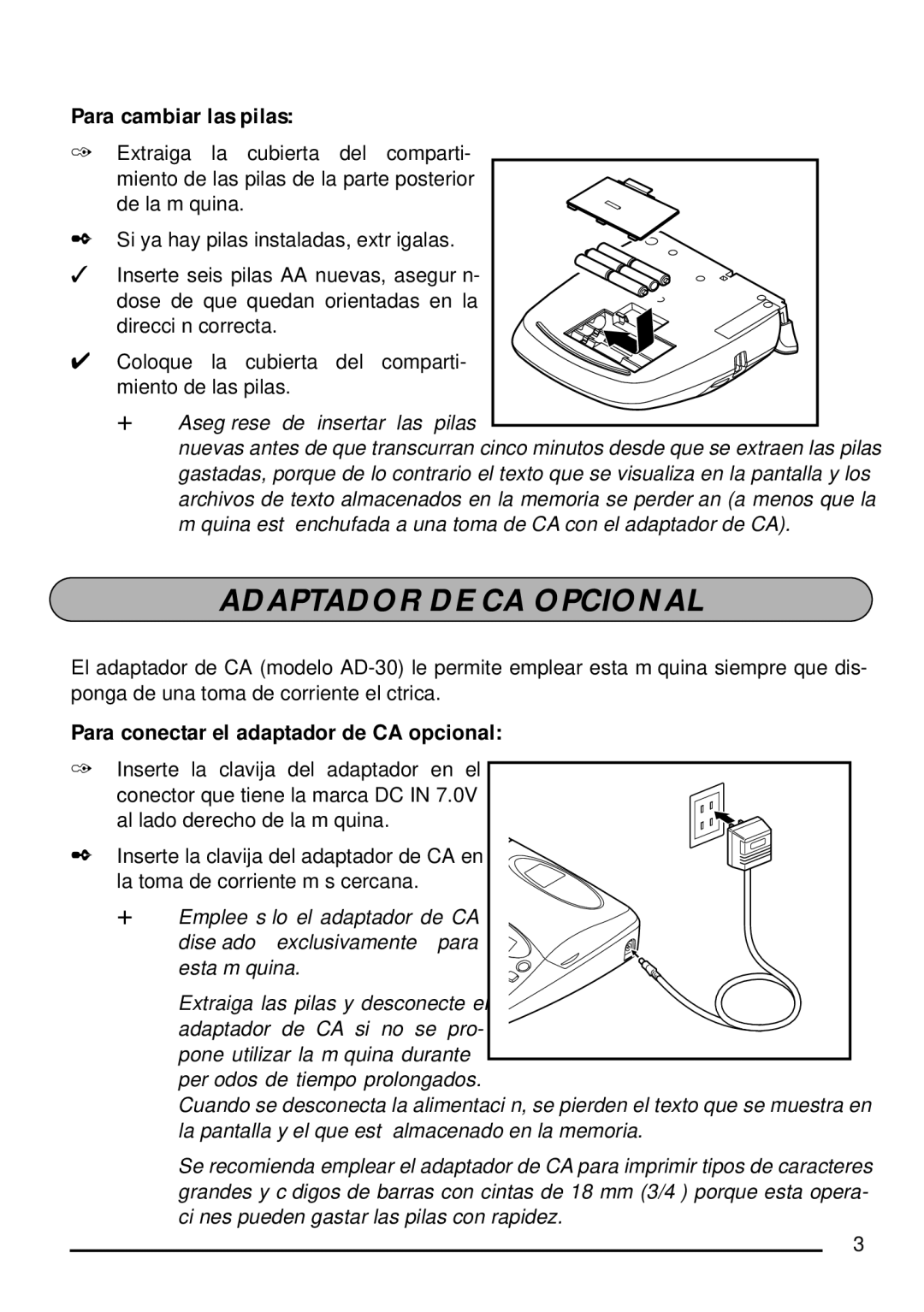 Brother PT-1750 manual Adaptador DE CA Opcional, Para cambiar las pilas 