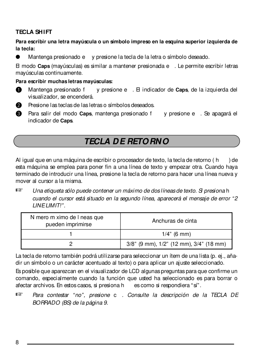 Brother PT-1750 manual Tecla DE Retorno, Tecla Shift, Para escribir muchas letras mayúsculas 