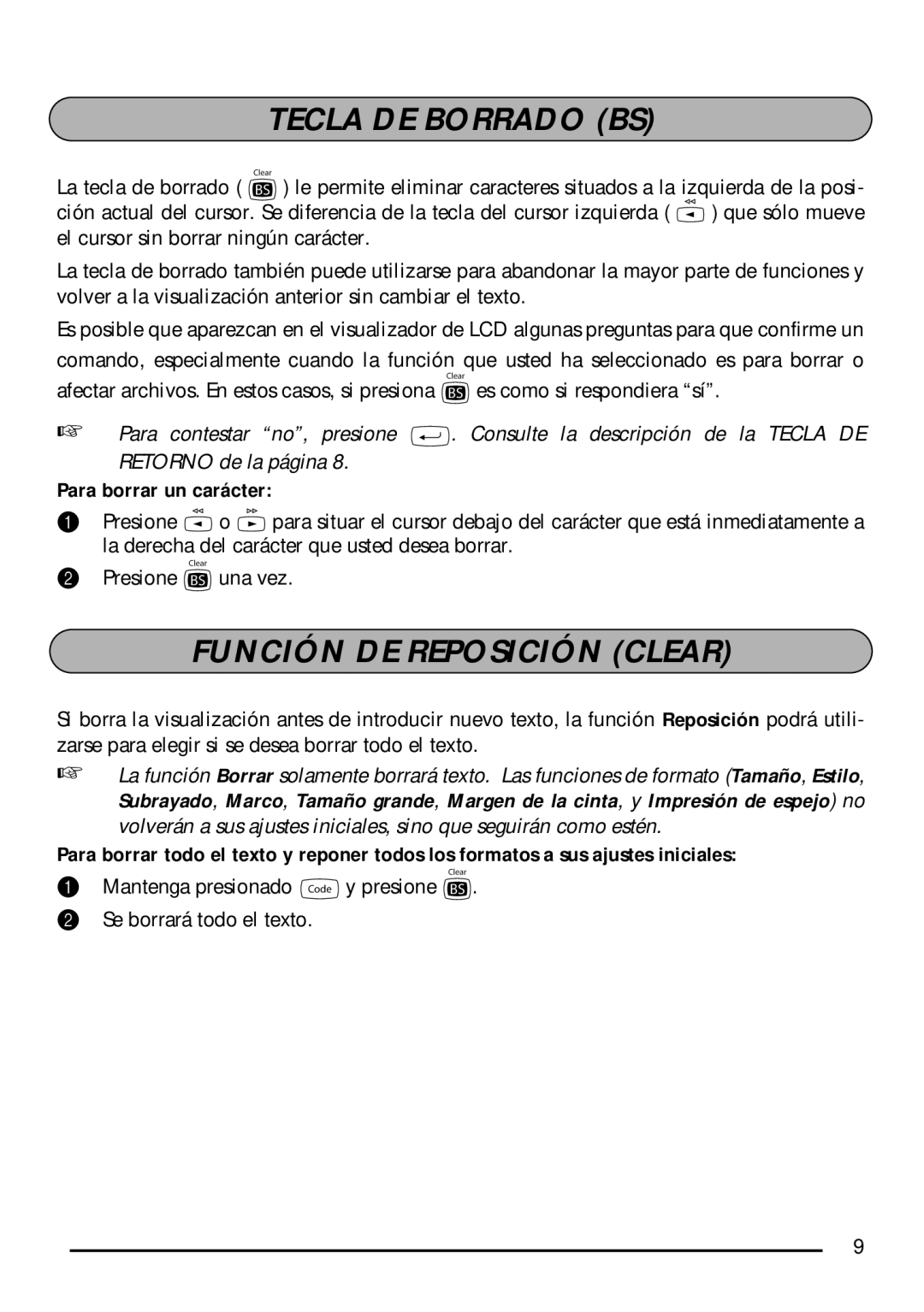 Brother PT-1750 manual Tecla DE Borrado BS, Función DE Reposición Clear, Para borrar un carácter 