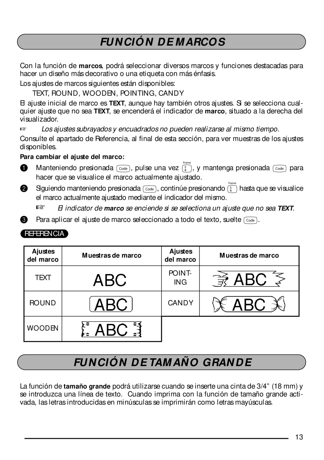 Brother PT-1750 Función DE Marcos, Función DE Tamaño Grande, Para cambiar el ajuste del marco, Ajustes Muestras de marco 