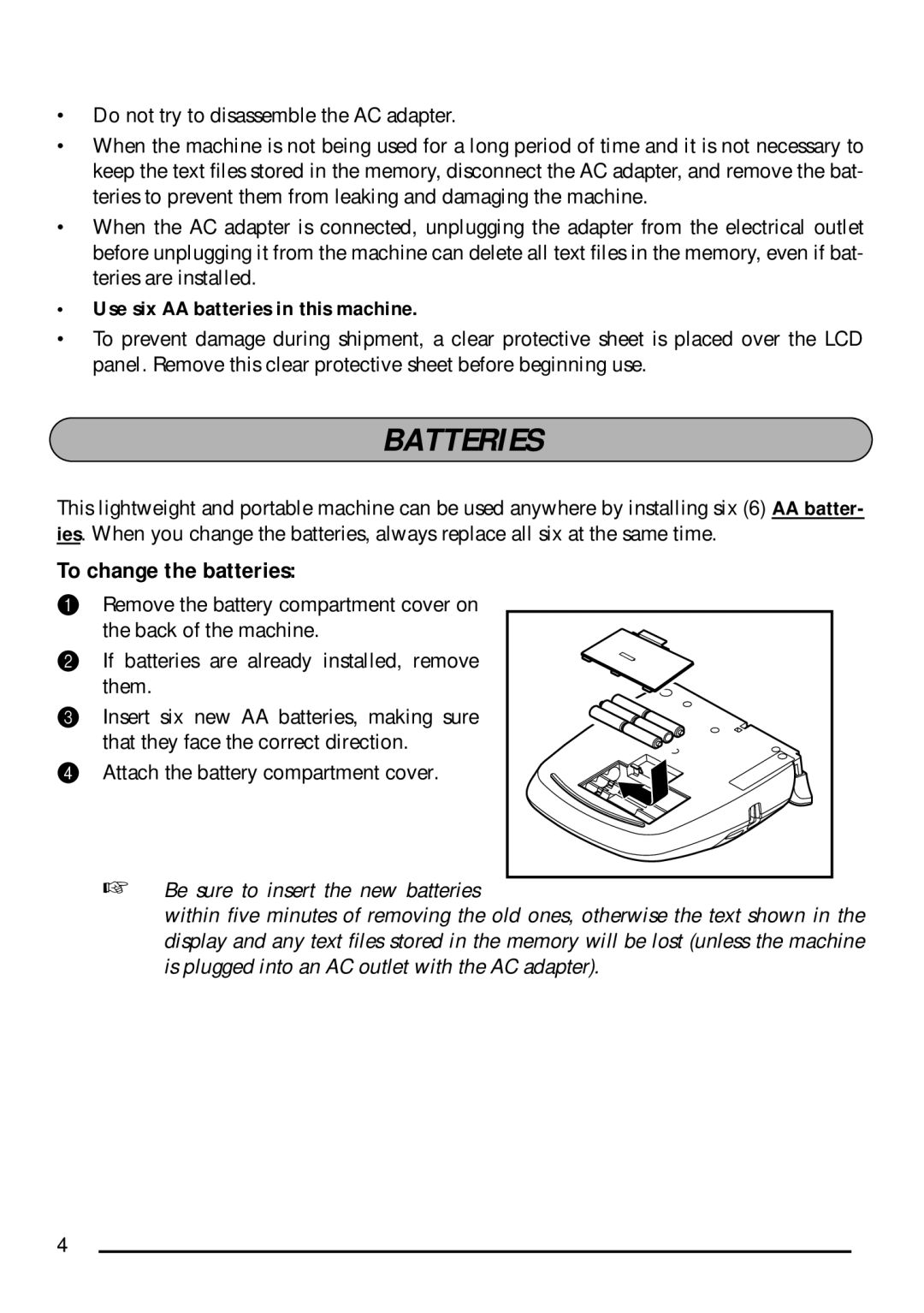 Brother PT-1750 manual Batteries, Use six AA batteries in this machine 