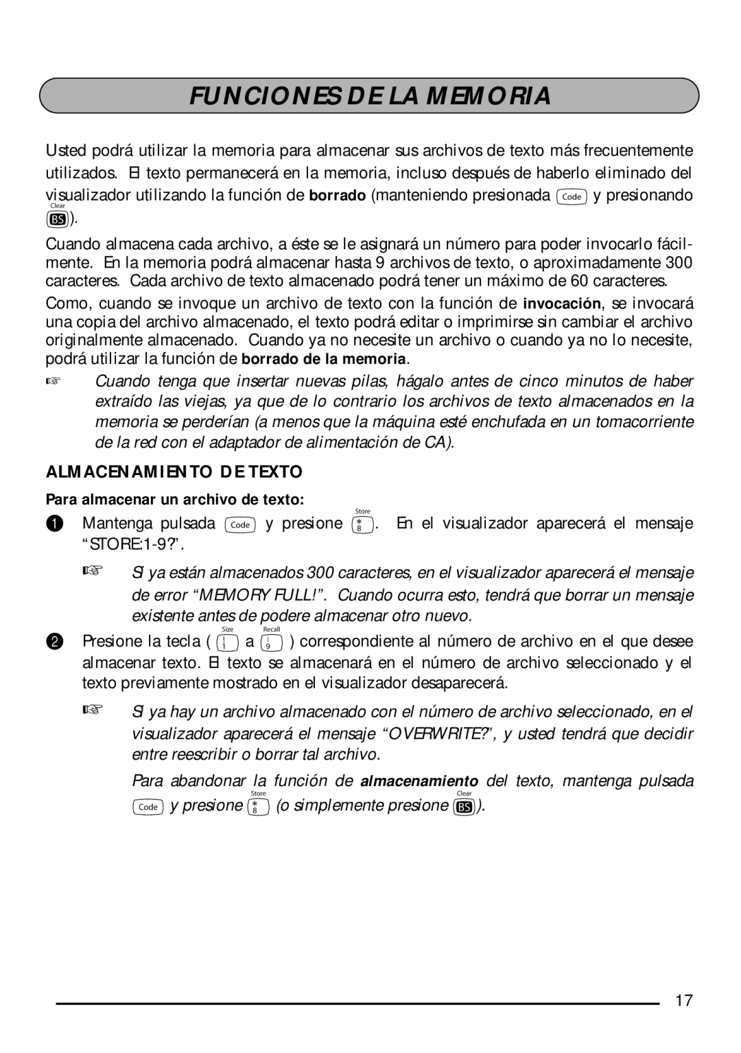 Brother PT-1750 manual Funciones DE LA Memoria, Almacenamiento DE Texto, Para almacenar un archivo de texto 