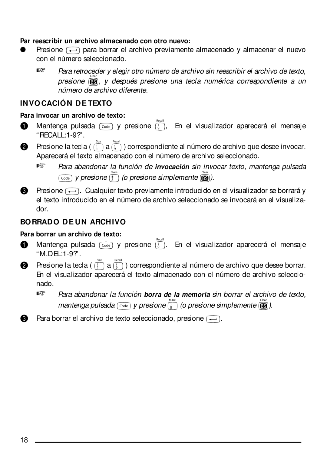 Brother PT-1750 manual Invocación DE Texto, Borrado DE UN Archivo, Par reescribir un archivo almacenado con otro nuevo 