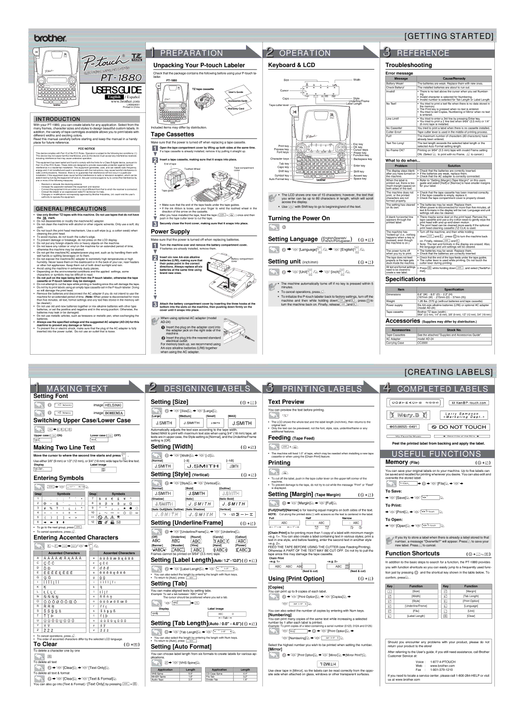 Brother PT-1880 specifications Unpacking Your P-touch Labeler, Tape Cassettes, Power Supply, Keyboard & LCD, Setting Font 