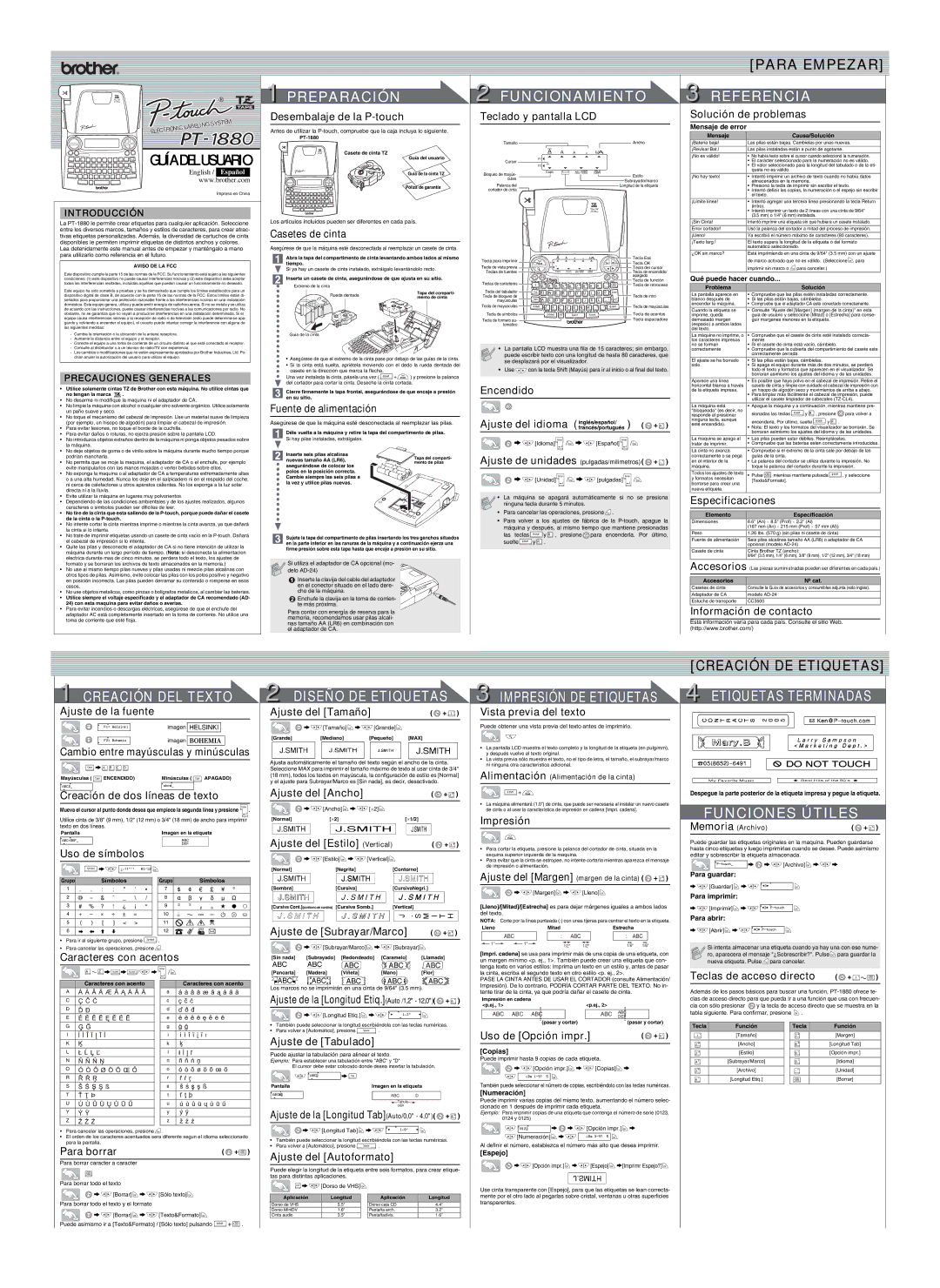 Brother PT-1880 Desembalaje de la P-touch, Casetes de cinta, Teclado y pantalla LCD, Solución de problemas, Encendido 