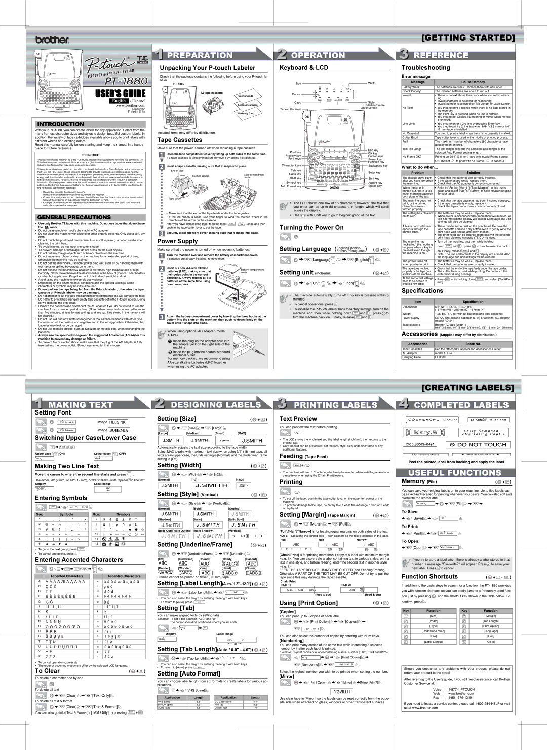 Brother PT-1880 specifications Unpacking Your P-touch Labeler, Tape Cassettes, Power Supply, Keyboard & LCD, Memory File 