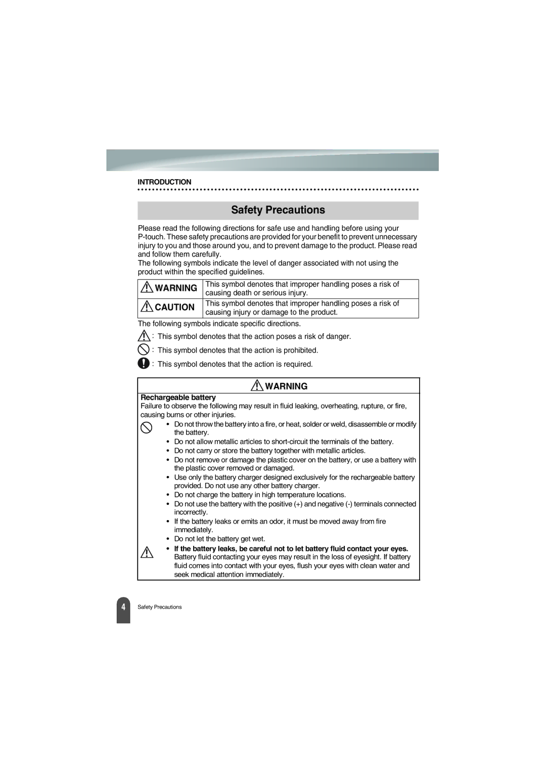 Brother PT-18R manual Safety Precautions, Rechargeable battery 