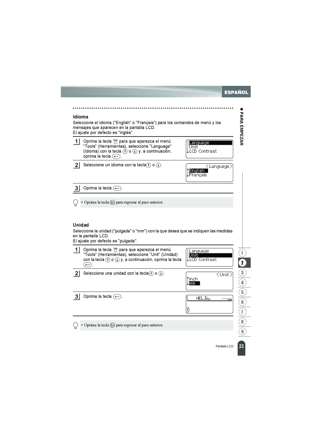 Brother PT-18R manual Idioma, Unidad 