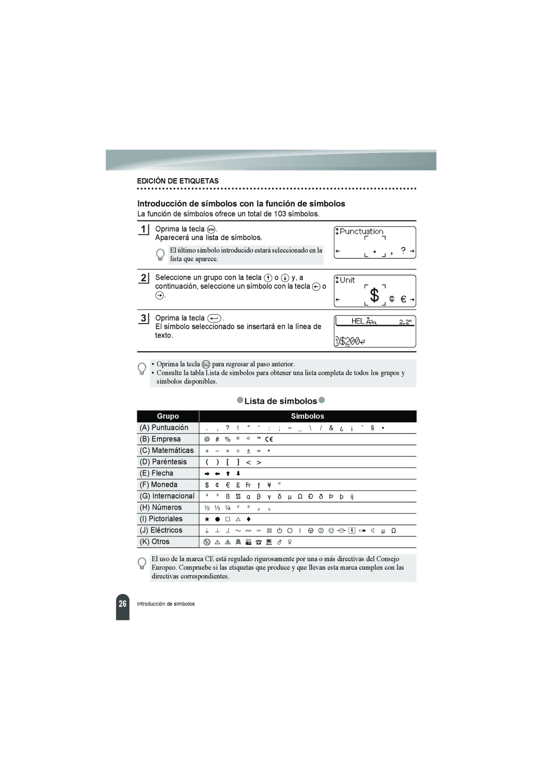 Brother PT-18R manual Introducción de símbolos con la función de símbolos, ZLista de símbolosz 